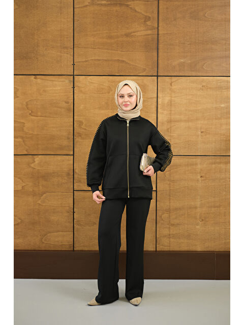 Locco Moda Kadın Omuz Gold Drop Detay Önü Cepli Fermuar Detay Takım Siyah - S000510192-19351