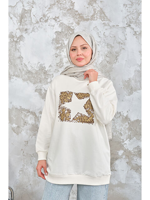 Locco Moda Kadın Yıldız Baskılı Sweat Beyaz - S000510194-20063