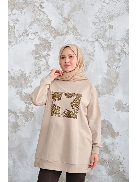 Locco Moda Kadın Yıldız Baskılı Sweat Taş - S000510194-25636