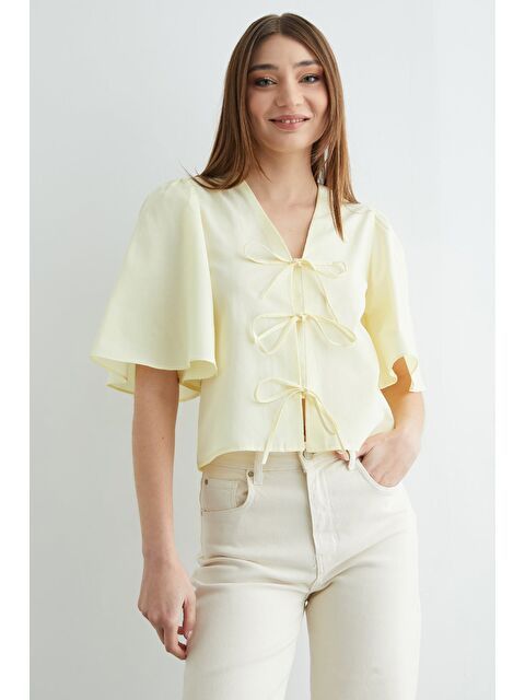 Fullamoda Önden Bağlamalı Geniş Kol Bluz - S000504724-20072