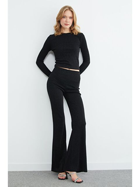 Fullamoda Beli Lastikli Taşlı Simli Flare Pantolon - S000506916-19351