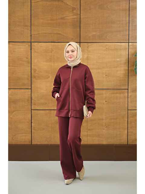 Locco Moda Kadın Omuz Gold Drop Detay Önü Cepli Fermuar Detay Takım Bordo - S000510192-19951