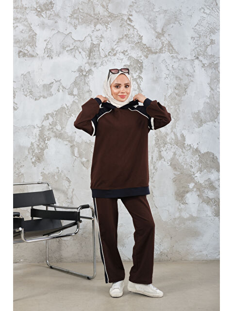 Locco Moda Kadın Kapüşonlu Üç Renk Cep Detay Beli Lastikli Regular Viskon Takım Kahverengi - S000503126-19413