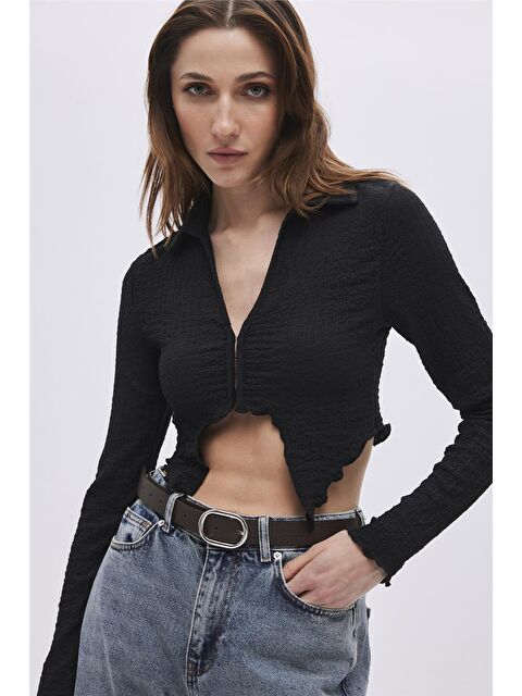 Sherin Siyah Asimetrik Kesim Crop Bluz - S000436143-19351