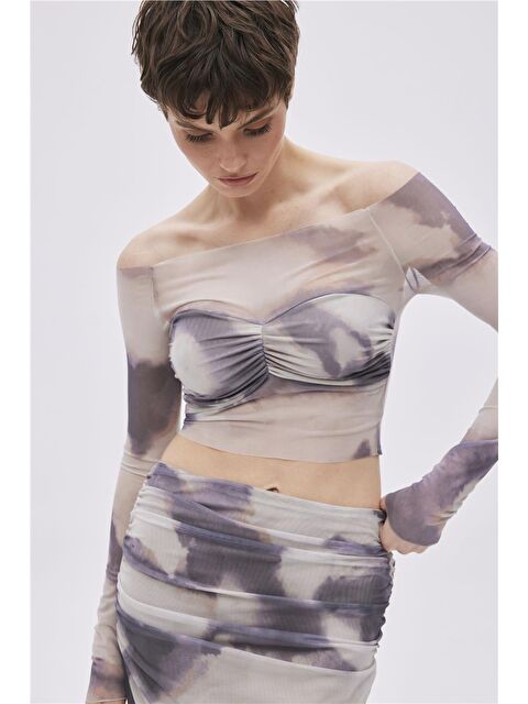 Sherin Bej Desenli Crop Tül Bluz - S000436147-19928