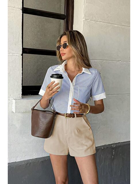 Madmext Bej Yüksek Bel Wed Leg Pileli Kadın Mini Şort Mg2537 - S000426247-19928