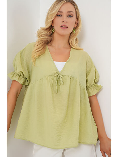Bigdart Kadın Önü Bağcıklı Kısa Kol Bluz 962 - E.Yeşil - S000396854-37469