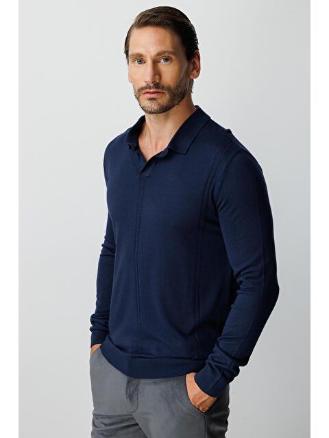 igs Lacivert Polo Yaka Düz Uzun Kollu Triko - S000490054-21164