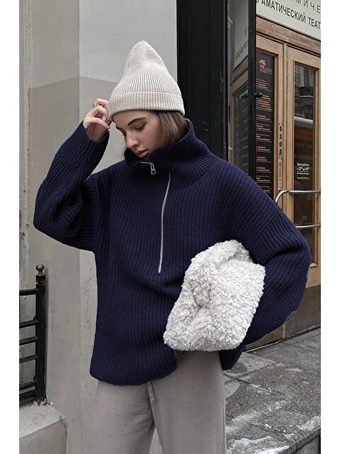 Madmext Lacivert Fermuar Yaka Oversize Kazak Mg1946 - S000122639-21164