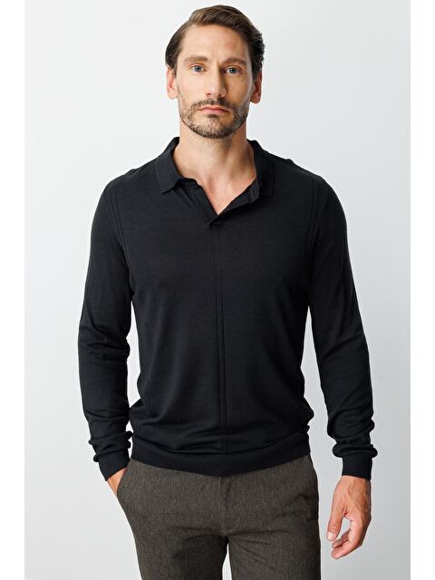 igs Siyah Polo Yaka Düz Uzun Kollu Triko - S000490054-19351