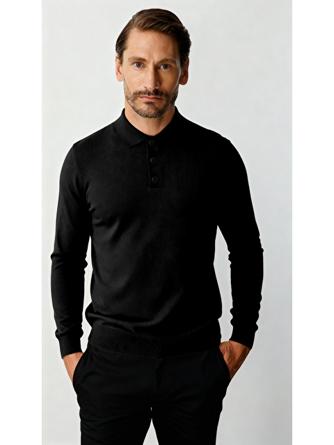 igs Siyah Dar Kalıp Polo Yaka Düz Uzun Kollu Rayon Triko - S000490060-19351