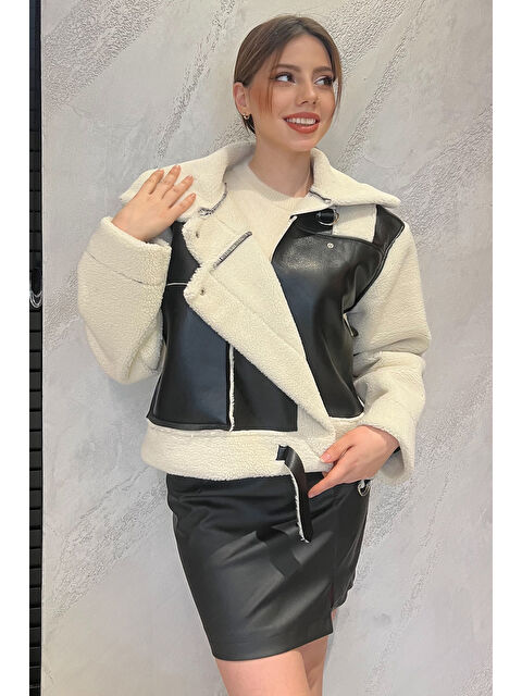 Gülseli Kadın Çıtçıt Detaylı Pelüş Garnili Suni Deri Mont - S000332239-19966