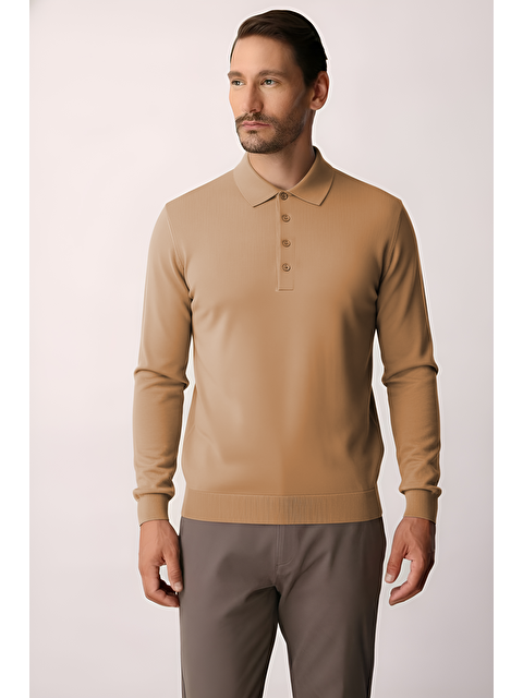 igs Açık Kahve Dar Kalıp Polo Yaka Düz Uzun Kollu Triko - S000490057-19413
