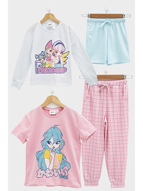 For You Kids 4'lü Winx Baskılı Tshirt Şort Pantolon Beyaz Takım - S000136083-20063