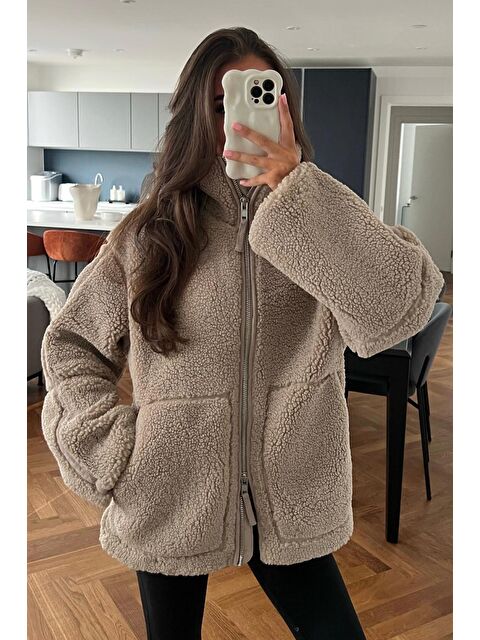 Madmext Kahverengi Dik Yakalı Cepli Pelüş Mont Mg1966 - S000117335-19413