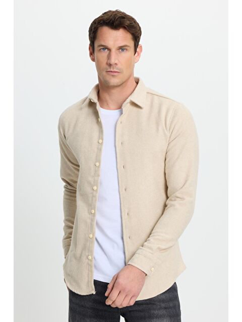 TUDORS Erkek Slim Fit Dar Kesim Uzun Kollu Düz Kışlık Oduncu Bej Gömlek - S000525606-19928