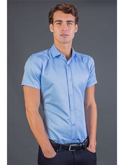TUDORS Modern Slim Fit Kısa Kollu Düz Saten Erkek Mavi Gömlek - S000525605-17234
