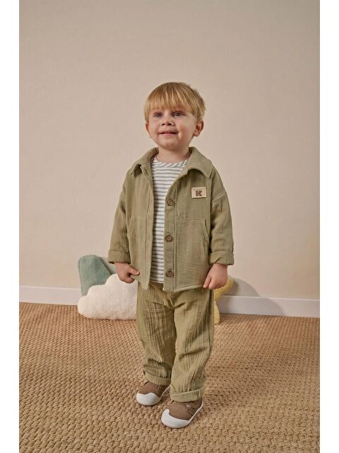 Magu Erkek Çocuk Pamuklu Haki Gömlekli Pantolonlu Takım - Çizgili T-Shirt Detaylı - S000513054-18194
