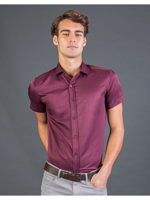 TUDORS Modern Slim Fit Kısa Kollu Düz Saten Erkek Bordo Gömlek - S000525609-19951
