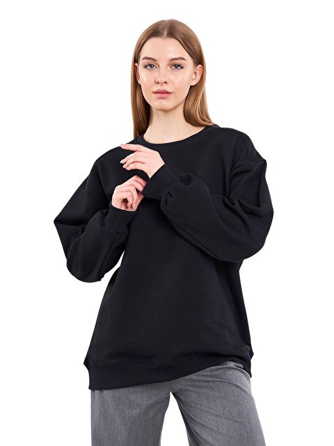 Mmetalic Kadın Siyah Pamuklu Oversize Basic Bisiklet Yaka Sweatshirt - S000232456-19351