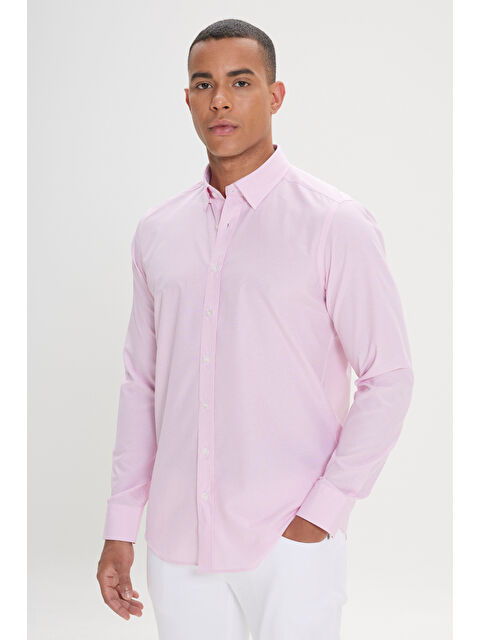 AC&Co / Altınyıldız Classics Erkek Beyaz-Pembe Slim Fit Dar Kesim Gizli Düğmeli Yaka Pamuklu Çizgili Gömlek - S000397942-37241