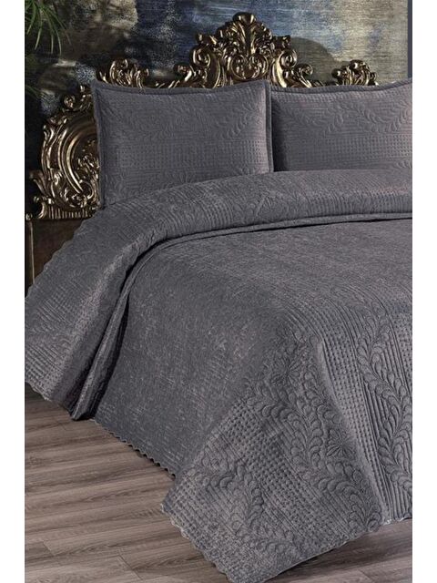 Çeyiz Diyarı Velica Çift Kişilik Kadife Yatak Örtüsü Antrasit - S000485696-23173