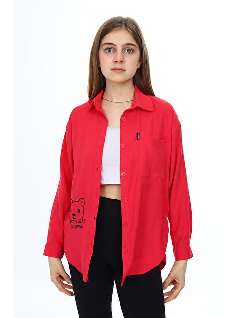 Pengai Fuşya Ayıcık Baskılı Yırtmaçlı Kız Çocuk Düğmeli Gömlek 18415 - S000159562-18686