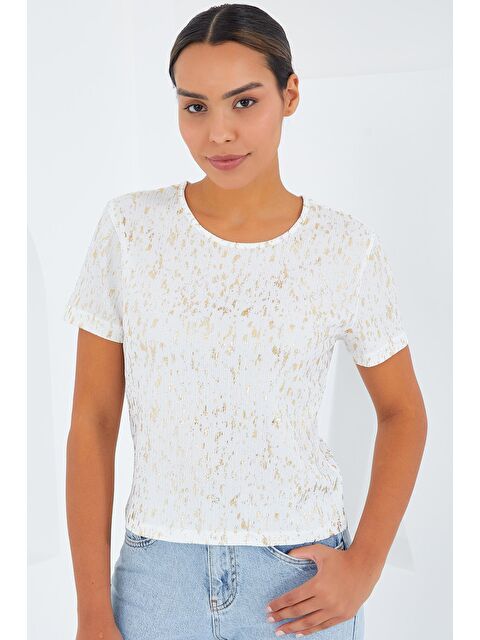 Bigdart Kadın Ekru Varaklı Basic Tişört 909 - S000175794-19965