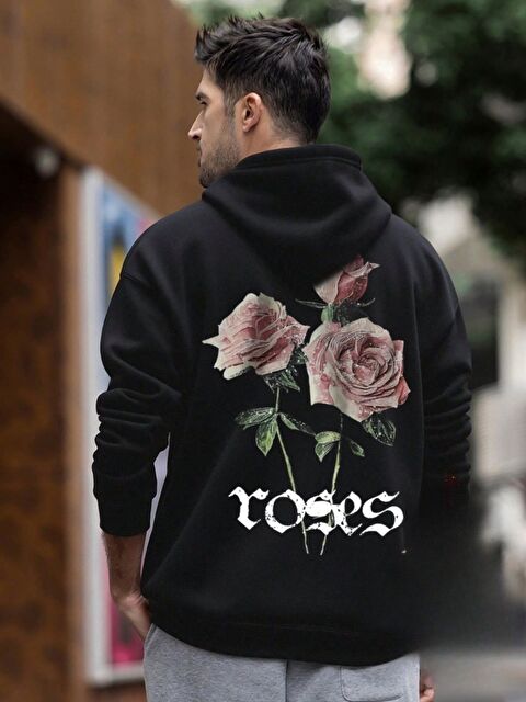 Trendseninle Siyah Live Roses Baskılı Oversize Sweatshirt - S000486093-19351