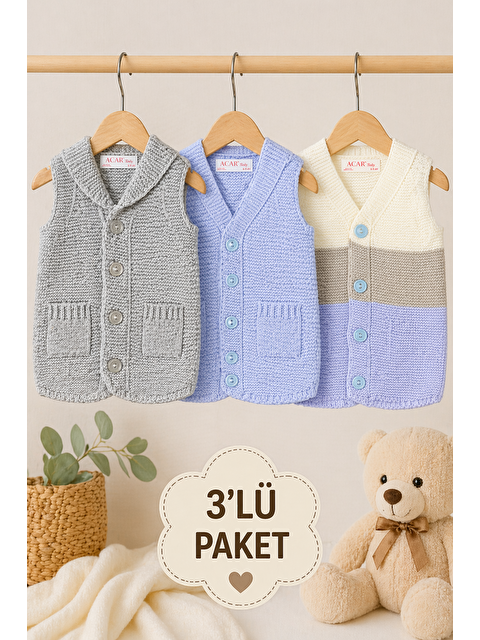 Zepkids Unisex Bebek Triko Yelek 3'Lü Paket Düğmeli Kolsuz Bebek Yeleği 6-24 Ay