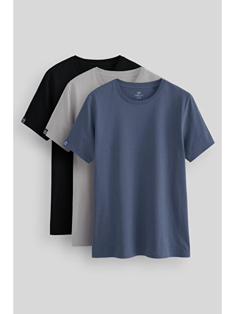 Tommylife Standart Fit Basic O Yaka 3lü Paket Siyah-Petrol-Taş Erkek T-Shirt - 87911 - S000424265-4128
