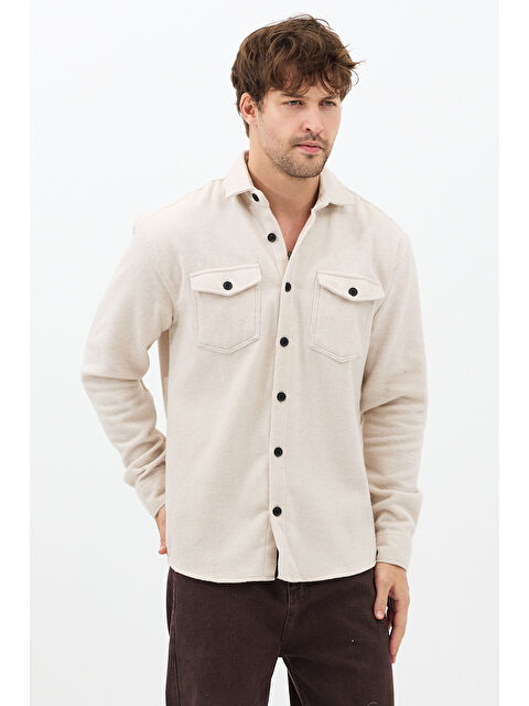 Tarz Cool Erkek Kırık Beyaz Gömlek Yaka Düğmeli Oduncu Gömlek - S000141648-10584