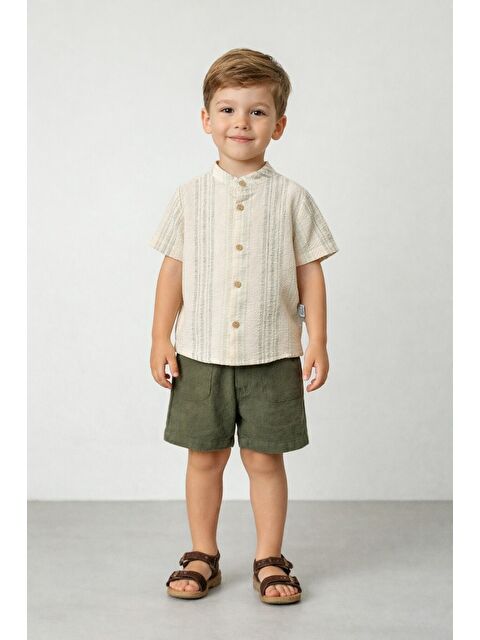 Kidex's Tarz Gömlek Çizgi Desenli Belden Ayarlanabilir Kısa Kollu Şortlu 2'li Takım