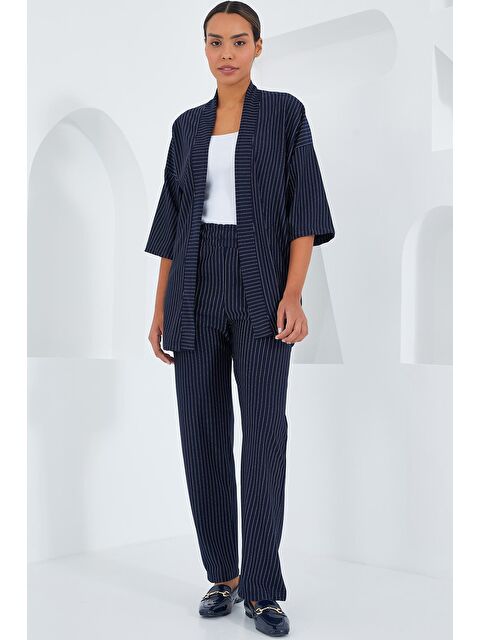 Bigdart 6661 Kadın Çizgili Kimono İkili Takım - Lacivert - S000175795-21164