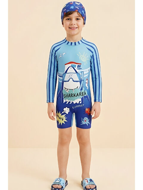 Modanino Erkek Çocuk Mayo Takımı-Uzun Kollu Yüzücü Mayo ve Bone 3-12 Yaş 12632N