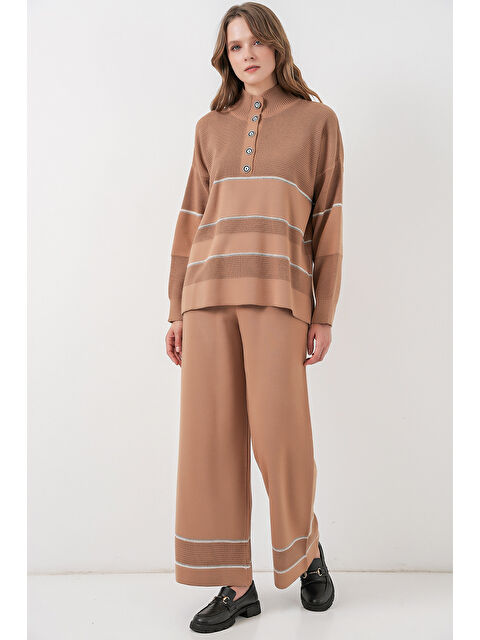 Bigdart Kadın Çizgili Oversize Triko İkili Takım 15957 - Camel - S000473547-37258