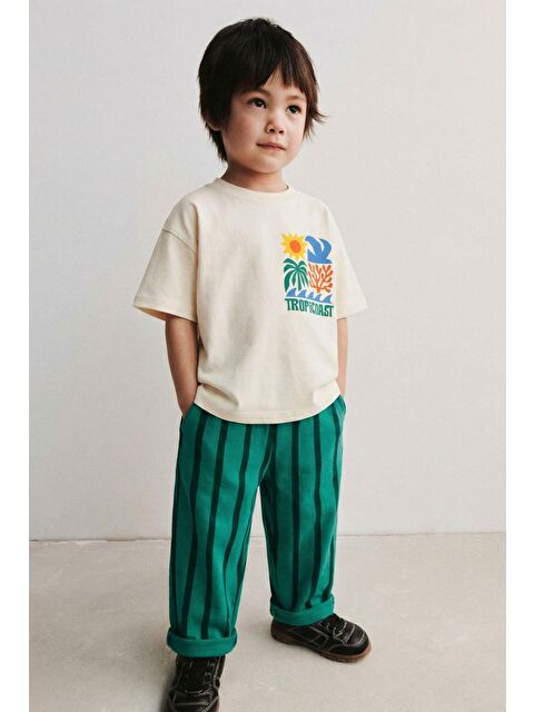 Magu Çocuk Pamuklu Bej Baskılı T-Shirt Ve Yeşil Çizgili Eşofman Takım - S000513057-23173