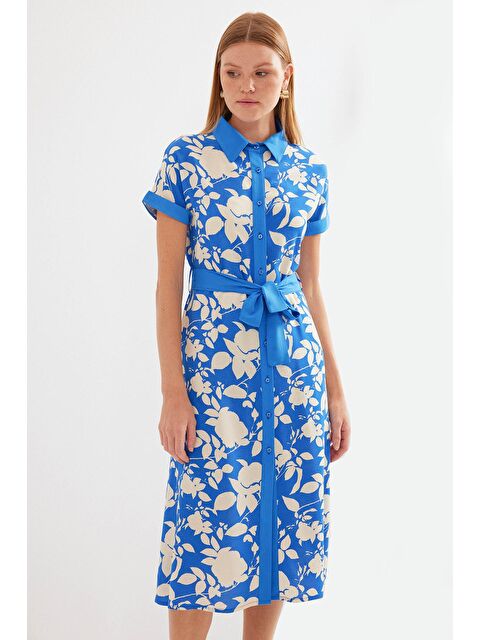 Bigdart 2455 Desenli Gömlek Elbise - Mavi - S000139330-17234