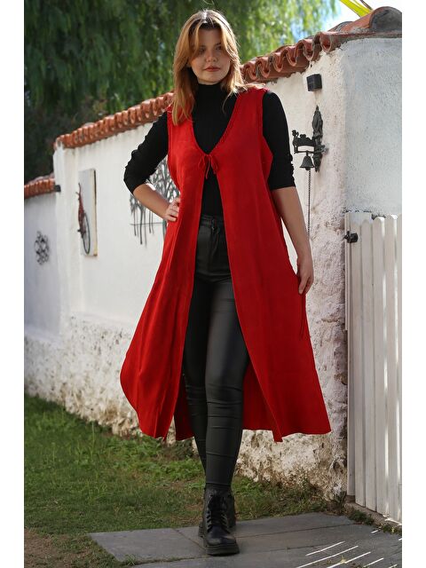 Chiccy Kırmızı V Yaka Kolsuz Yanları Bağlamalı Casual Uzun Triko Yelek 118 75 - S000469037-20045