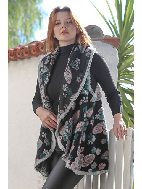 Chiccy İtalyan Siyah Şal Yaka Kolsuz Çiçekli Casual Keçe Kumaş Dokuma Yelek 87 66 - S000469039-19351