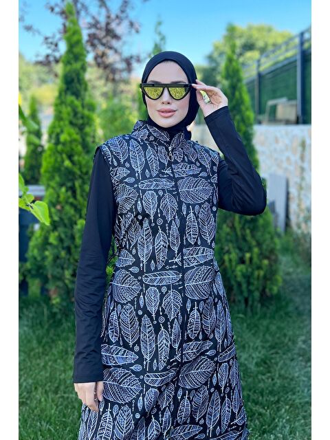 Remsa Mayo Tam Kapalı Tesettür Mayo Siyah Beyaz Yaprak MERVE - S000130300-19351