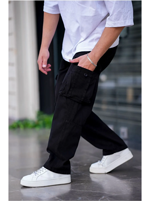 Tarz Cool Erkek Kargo Cep Baggy Pantolon Siyah Rengi