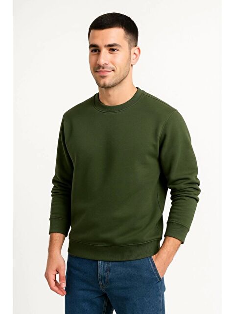 Jane's Erkek Üç İplik Düz Bisiklet Yaka Sweatshirt - Haki