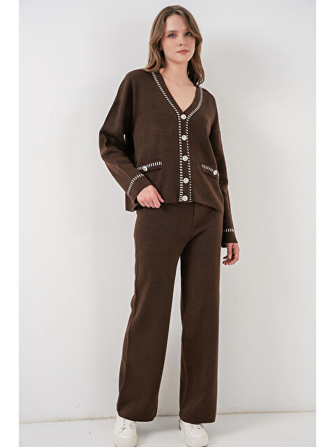 Bigdart Kadın Nakışlı Triko Hırka Pantolon İkili Takım 15963 - Kahverengi - S000473551-19413