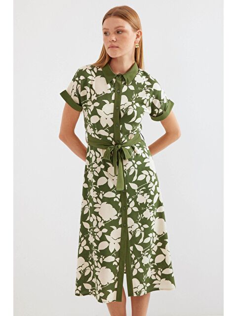 Bigdart 2455 Desenli Gömlek Elbise - Haki - S000139330-18547