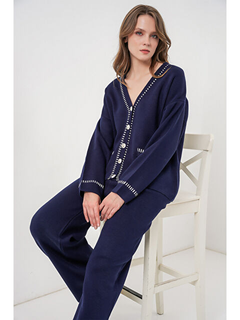 Bigdart Kadın Nakışlı Triko Hırka Pantolon İkili Takım 15963 - Lacivert - S000473551-21164