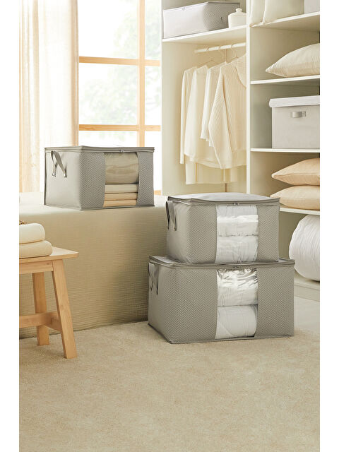 Ocean Home Textile 3'lü Pvc Pencereli Gri Balıksırtı Hurç Set - S000443623-20600