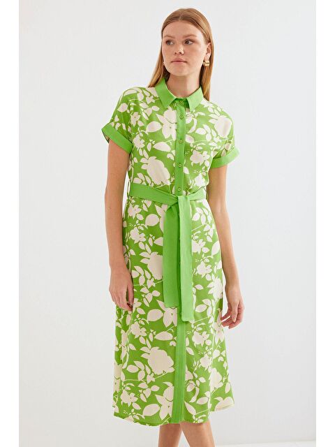 Bigdart 2455 Desenli Gömlek Elbise - Yeşil - S000139330-18194