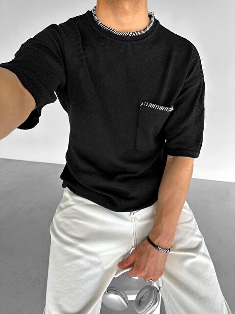 Abluka Online Erkek Oversize Önü Cepli Örme %100 Pamuk Tişört Siyah - S000155211-19351