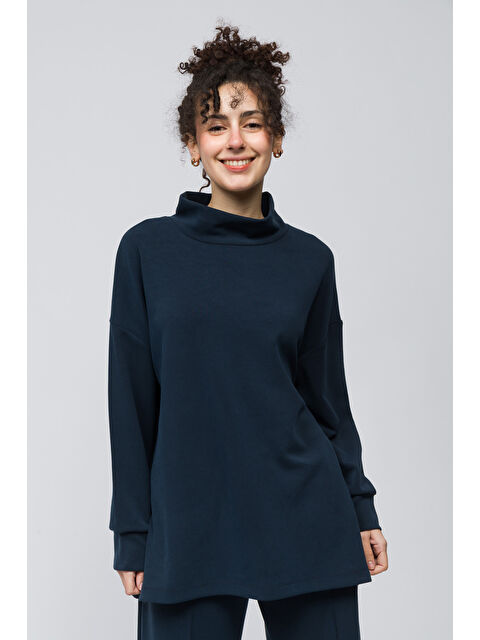 Dexia Monza   Balıkçı Yaka Yanları Yırtmaç Detaylı Düz Modal Sweatshirt   Lacivert Renk - S000352877-21164